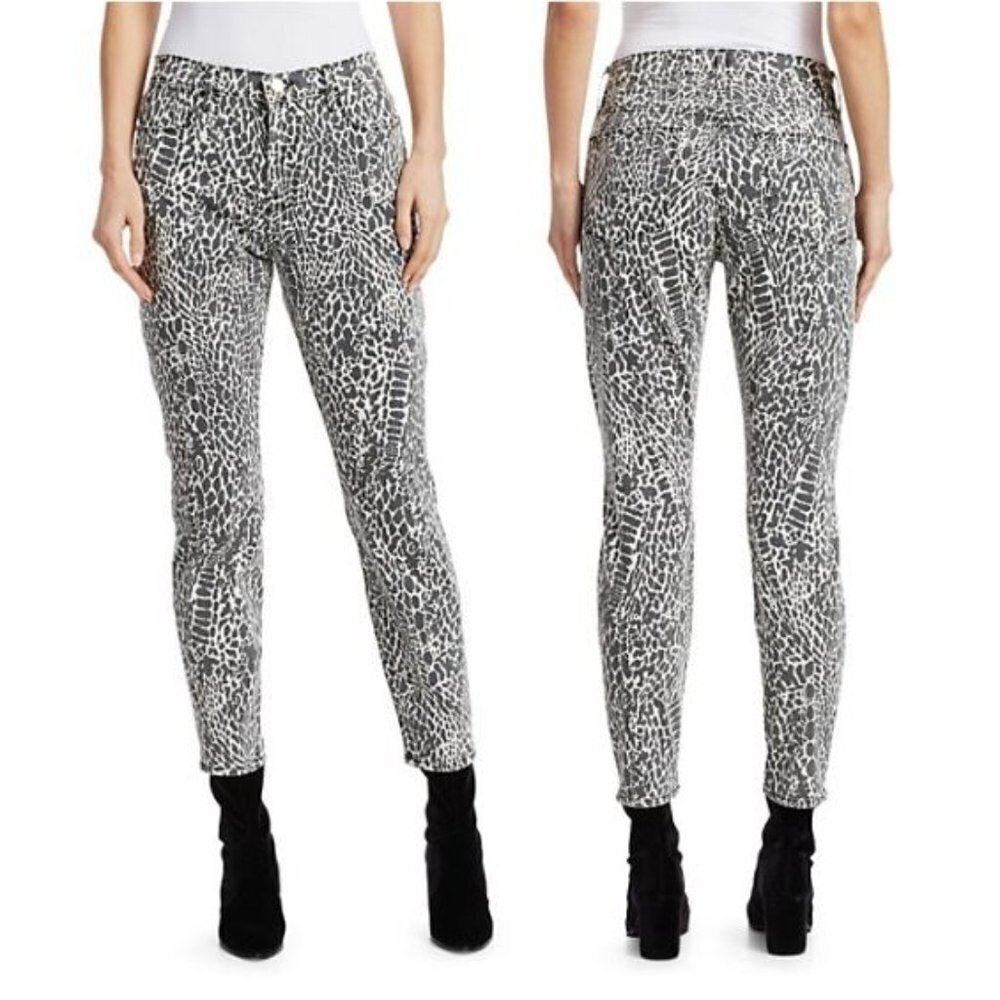 Frame Black & White Le High Cigarette Slim Animal-Print Jeans Women's Sz 26